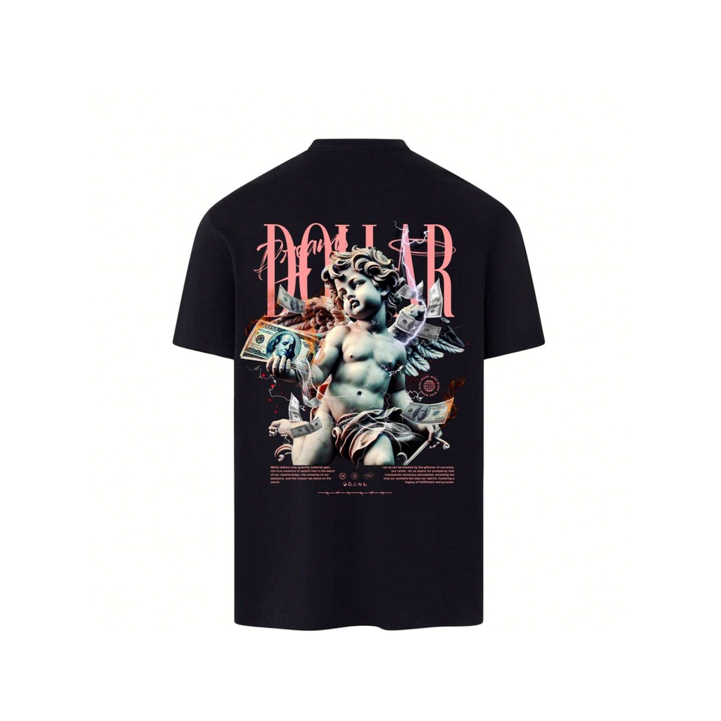 Camiseta Básica Preta Confortável Unissex Algodão Modelo: "Anjinho Dollar Dream" - Lançamento Especial