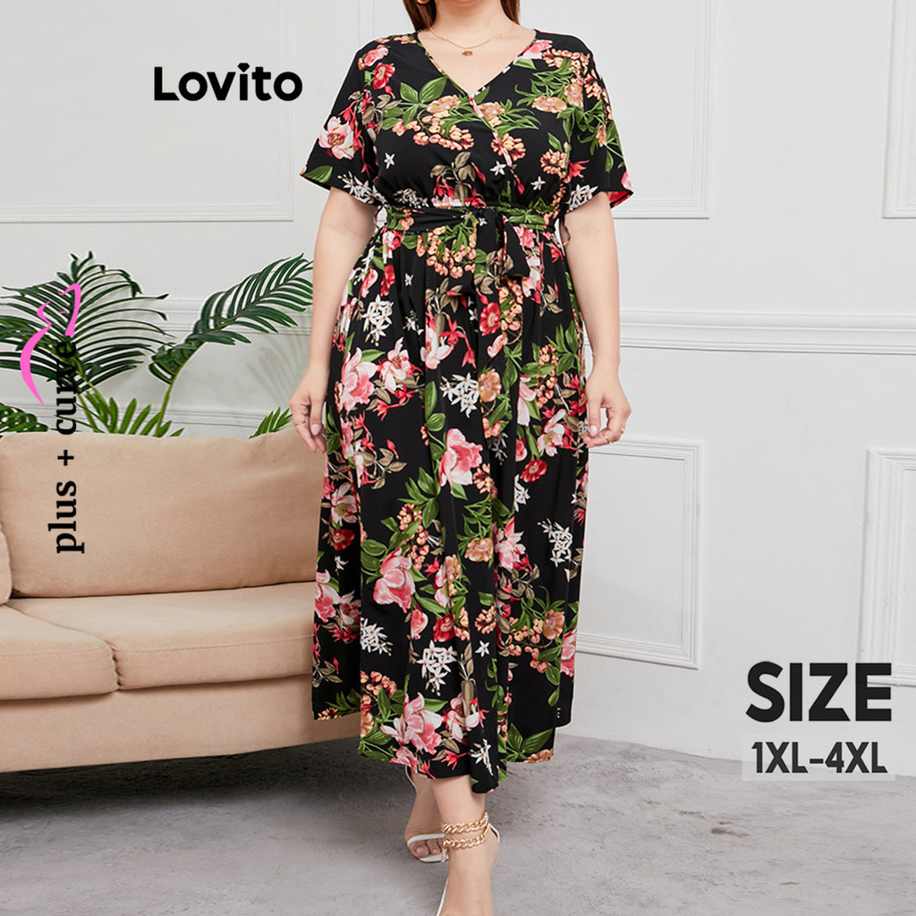 Lovito Vestido Casual Curva Plus Size Ditsy Floral Babado Bainha Vestido De Verão/Primavera Para Mulheres LNM91006 - Women Clothes