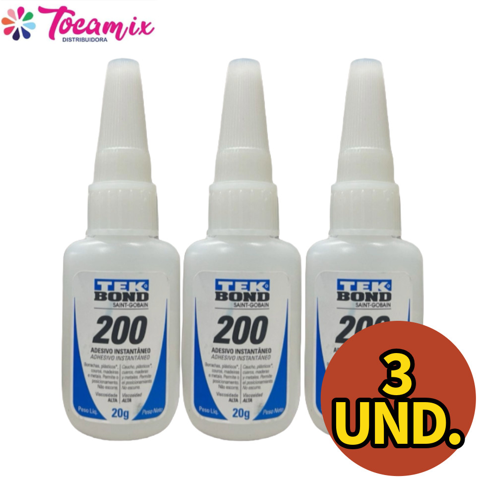 Cola Instantânea Tek Bond 200 20g Acrigel Unhas Tips Postiça Forte Madeira Borracha Kit 3