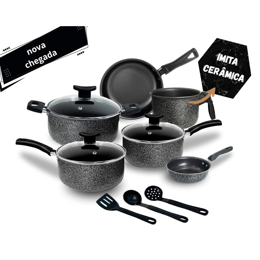 Jogo de Panelas Elegance Antiaderente Teflon 9 Peças Tampa Vidro - Panelas, Frigideiras, Caçarola, leiteira e talheres. em Oferta na Shopee