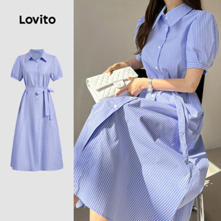 Lovito Vestido Feminino de Primavera/verão Azul Casual com Cinto Botões Frontais Textura suave L137LD402 em Oferta na Shopee