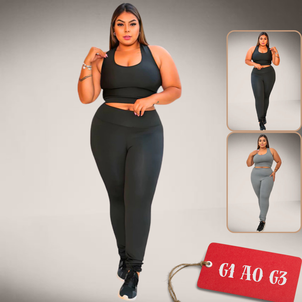 Conjunto De Academia Top + Calça Legging Plus Size Curve Academia Feminino Em Suplex Cintura Alta