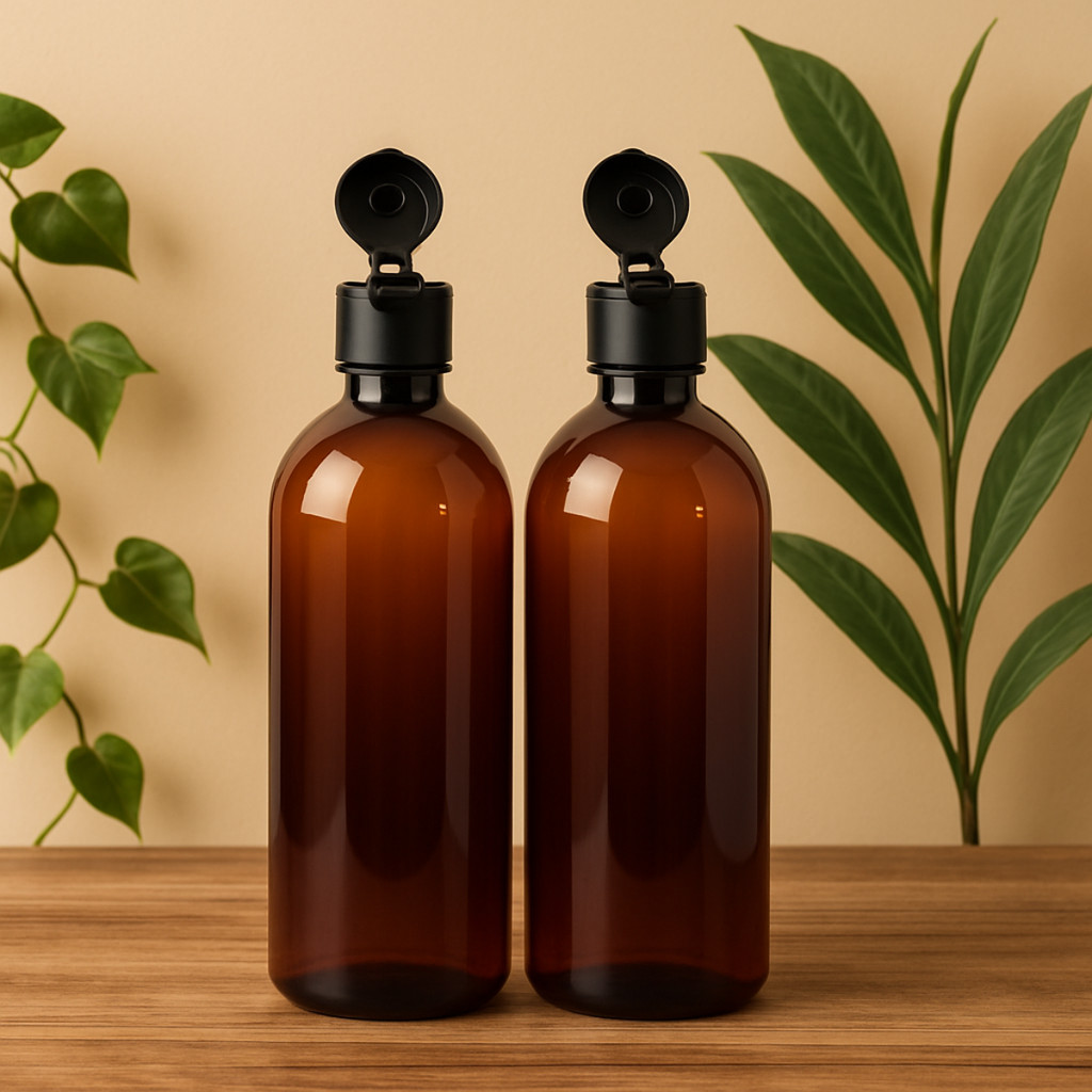 KIT 2 Frascos Caçula Âmbar 500ml Com Flip Top Para Shampoo e Condicionador em Oferta na Shopee