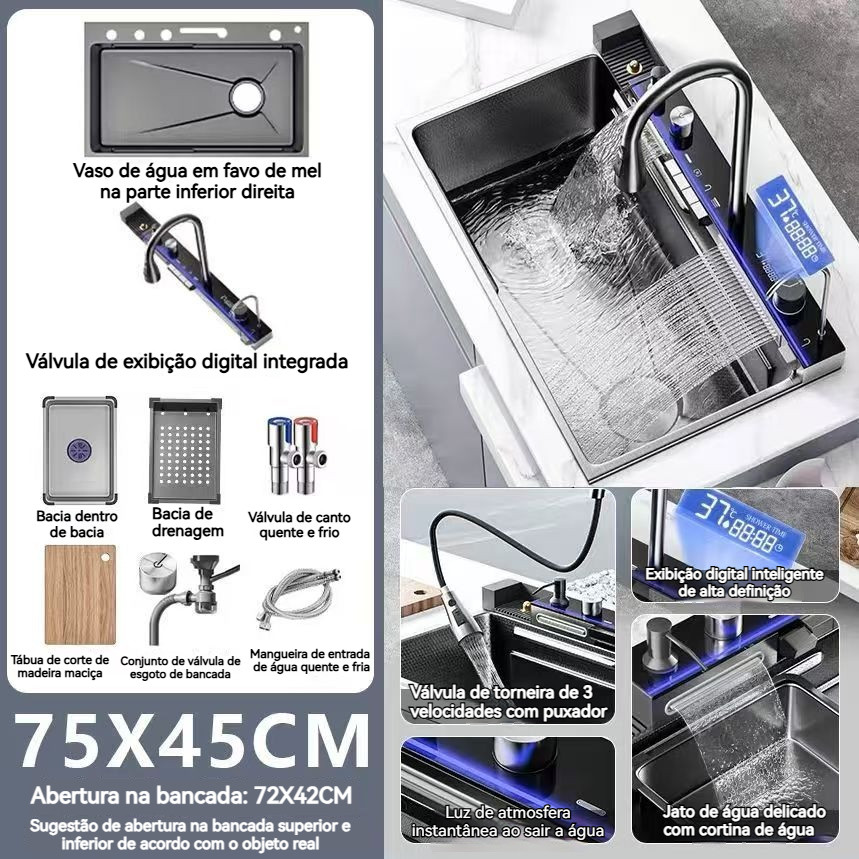 75x45x20 cm Kit Cuba Cozinha Gourmet Aço Inox C/ Torneira Flexível Preto