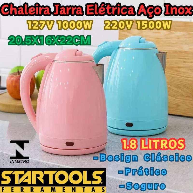 Chaleira Jarra Elétrica Inox  Ferve Água Automática1500W 220V Ou 1000W 127V 1,8L Rápida Rosa Ou Azul