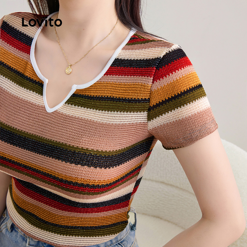 Lovito Camiseta Casual com Detalhes Contrastantes e Linhas Marcantes  Primavera/Verão L143ED224 em Oferta na Shopee