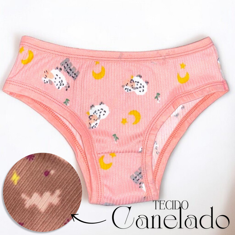 Kit 3 Calcinha Infantil Menina Moça Canelada Algodão Estampada Confortável 4 a 10 Anos