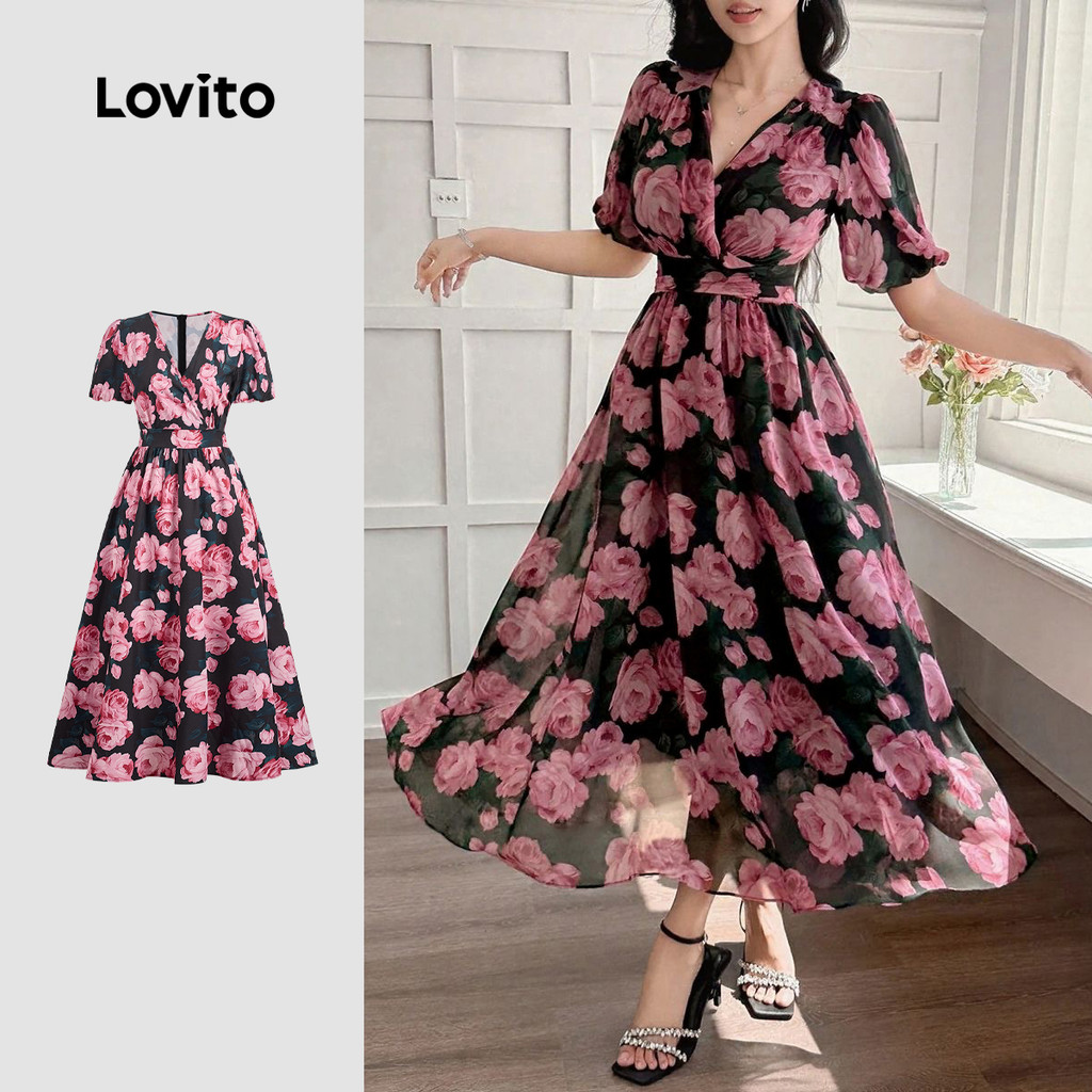 (New) Lovito Vestido Elegante com Plissado Primavera/verão para Mulheres LBL27065 em Oferta na Shopee
