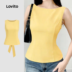 (Casual) Lovito Blusa com Amarração Nas Costas Primavera/verão Amarela para Mulheres L142ED274