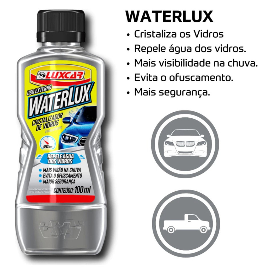 Detalhes do Cristalizador Vidros Parabrisa Carro Luxcar WaterLux 100 ml Repele Água Chuva Granizo Lama Evita Ofuscamento