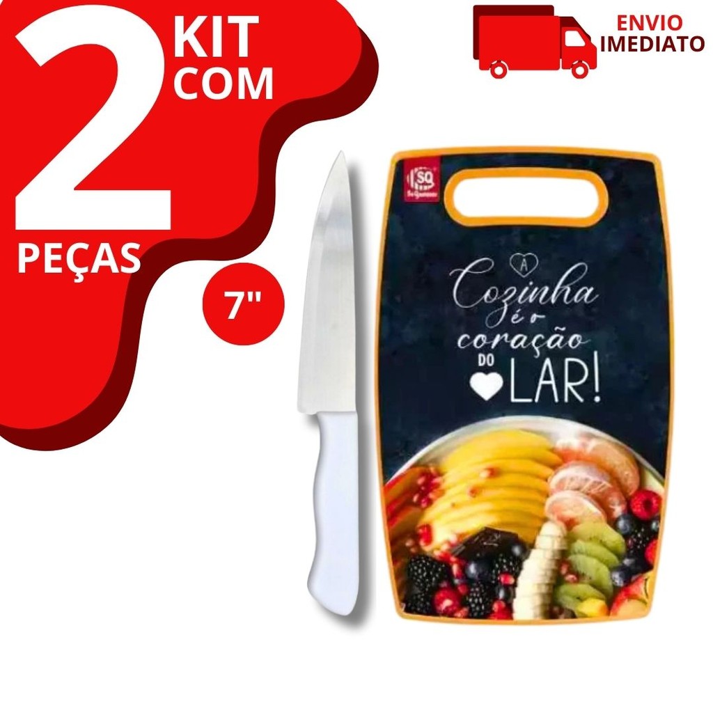 Kit Tábua de Corte Plástico com 1 Faca 7" de Cozinha em Aço Inox Corte Preciso para Carnes e Legumes