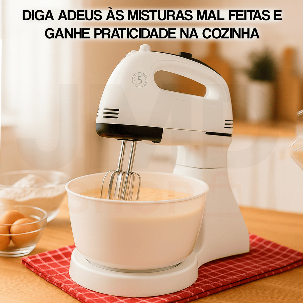 Batedeira Planetária Durável Aço Cromado Motor 300W Preto Vermelho