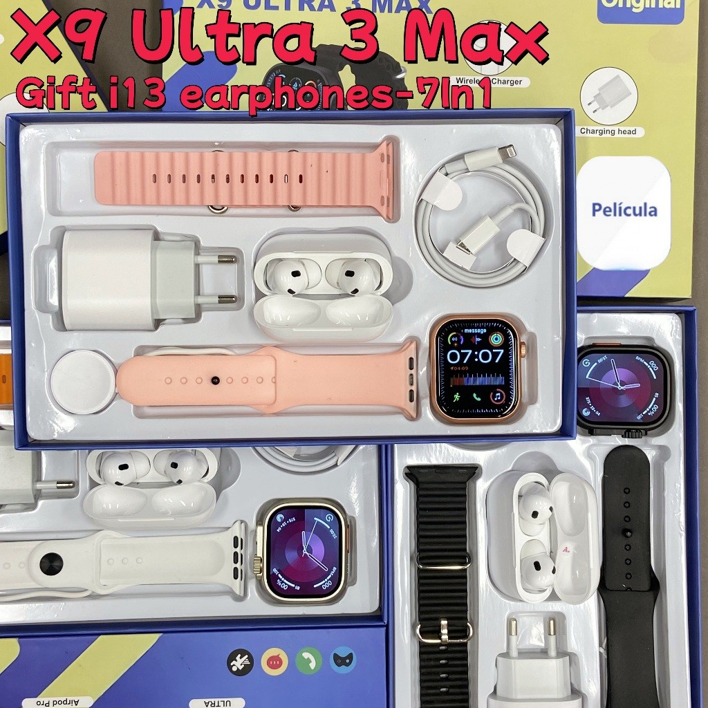 Smartwatch Novo X9 Ultra3 MAX 2.2" Bluetooth iOS Android Completo C/ Acessórios 7 em 1 I13 TWS