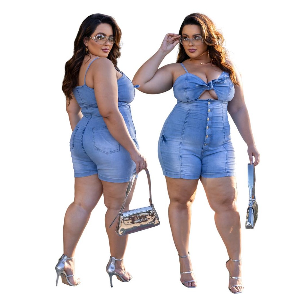 Macaquinho Jeans Feminino Plus Size com lycra Alça e Amarração no Busto em Oferta na Shopee