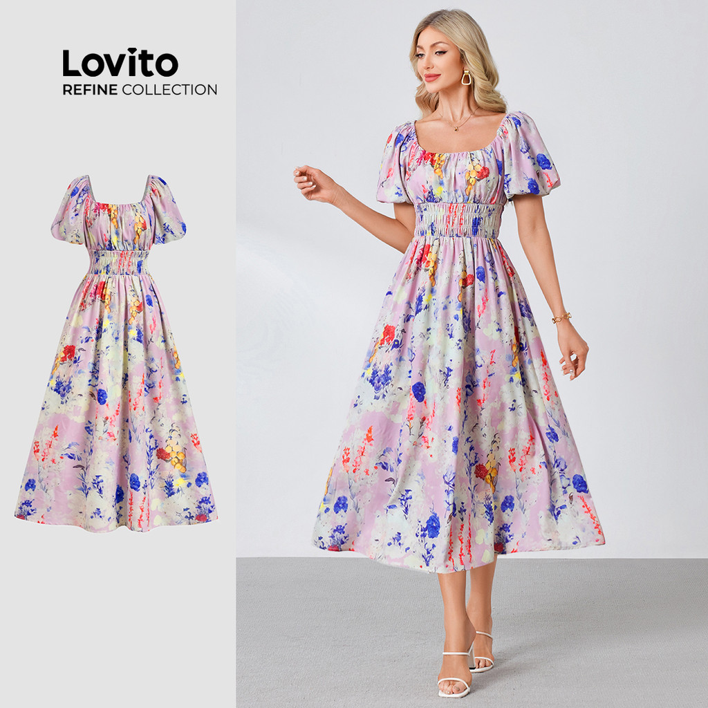 (New) (Lovito Refine) Vestido Elegante de Dupla Camada com Bainha Pregueada para Primavera/Verão LR18L041