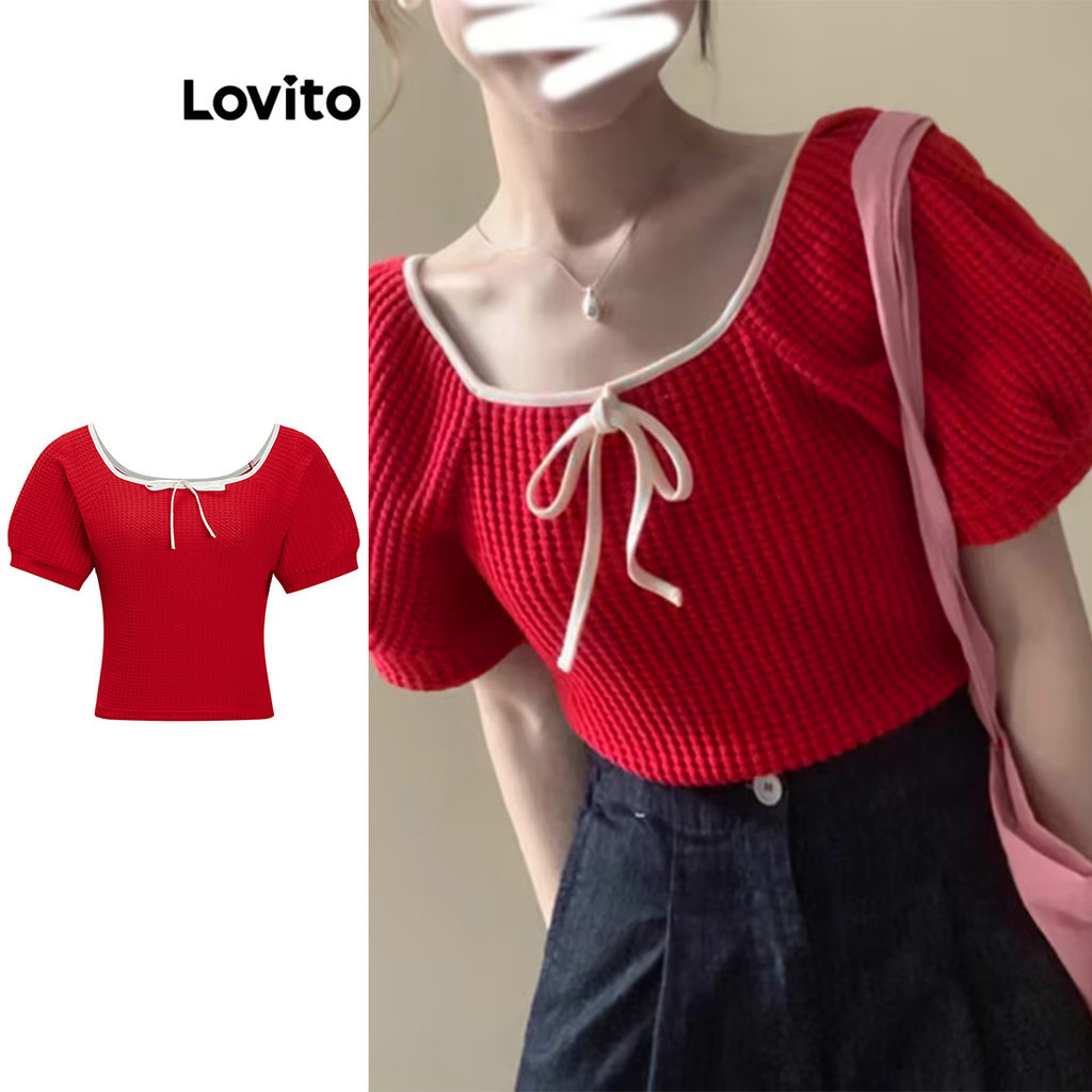 Lovito Blusa casual lisa colorblock com laço frontal para mulheres L91AD423 - Women Clothes