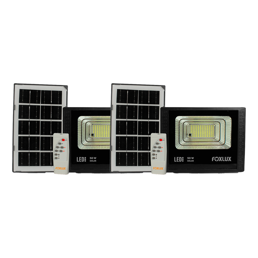 Kit 2 Refletor Led Foxlux 50W 6500K IP65 Placa Solar | energia sustentável, luz branca intensa em Oferta na Shopee
