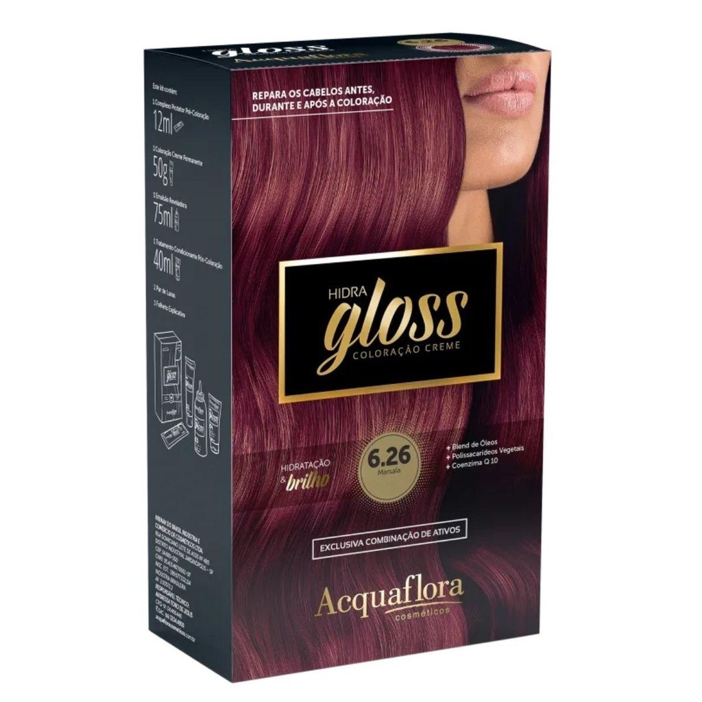 COLORAÇÃO CREME ACQUAFLORA KIT HIDRA GLOSS 6.26 MARSALA