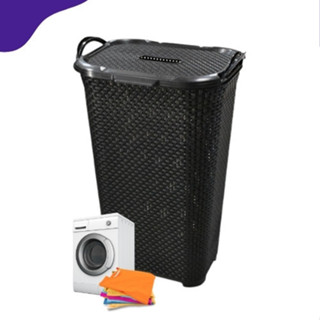Cesto de Roupas Rattan 50L Com Tampa Basculante Preto Organizador Resistente Para Brinqued...