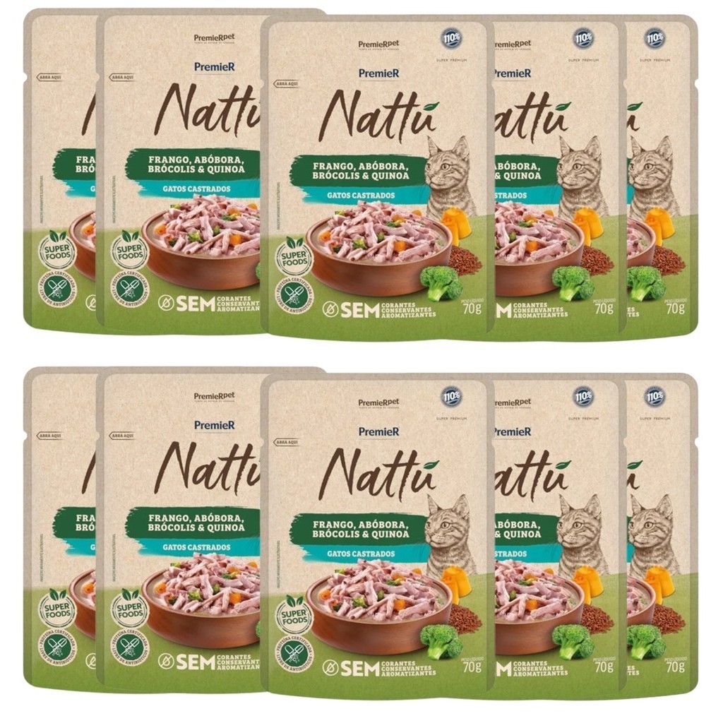 Premier Nattu Sachê Gatos Castrados Frango Abóbora 10UN - Pets