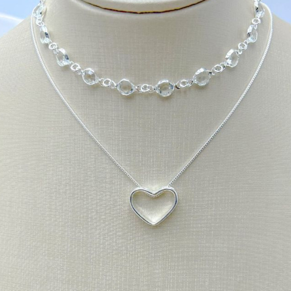 KIT 2 Choker Colar de PEDRAS CRISTAIS +  Colar Coração Vazado Feminino em banhado a  Prata 925 em Oferta na Shopee