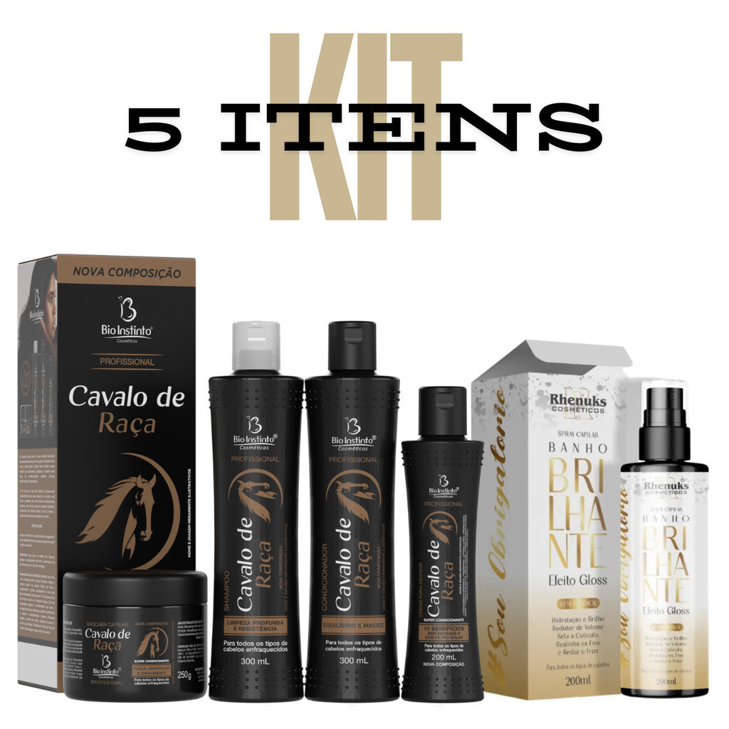 Kit Capilar Cavalo de Raça - Shampoo, Condicionador, e Máscara Capilar e Spray Capilar Banho Brilhante