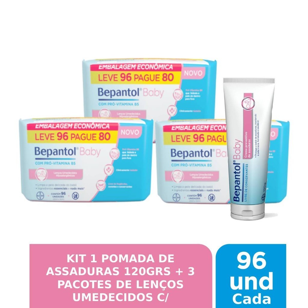 Kit 1 Pomada Assadura + 3 Lenços Umedecidos 96un - Bepantol - Mom & Baby
