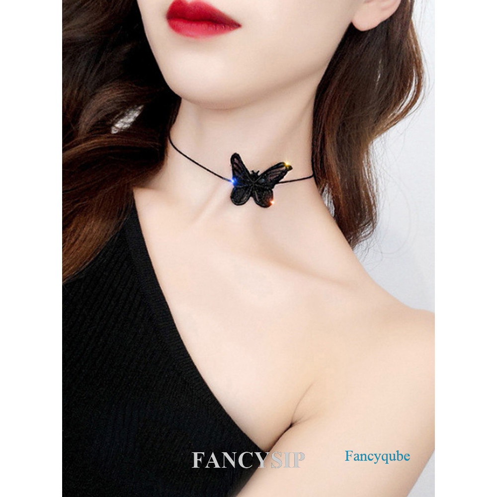 Gargantilha Retro Girl Heart Tulle Butterfly Choker Colar Curto