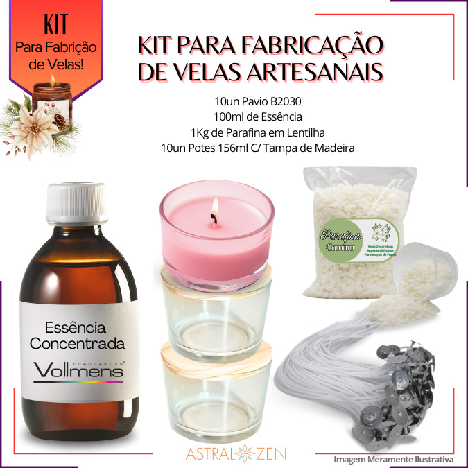 Kit Para Fabricação de Velas Artesanais 10un Potes 156ml 1Kg de Parafina em Lentilha 10un Pavio B2030 100ml de Essência