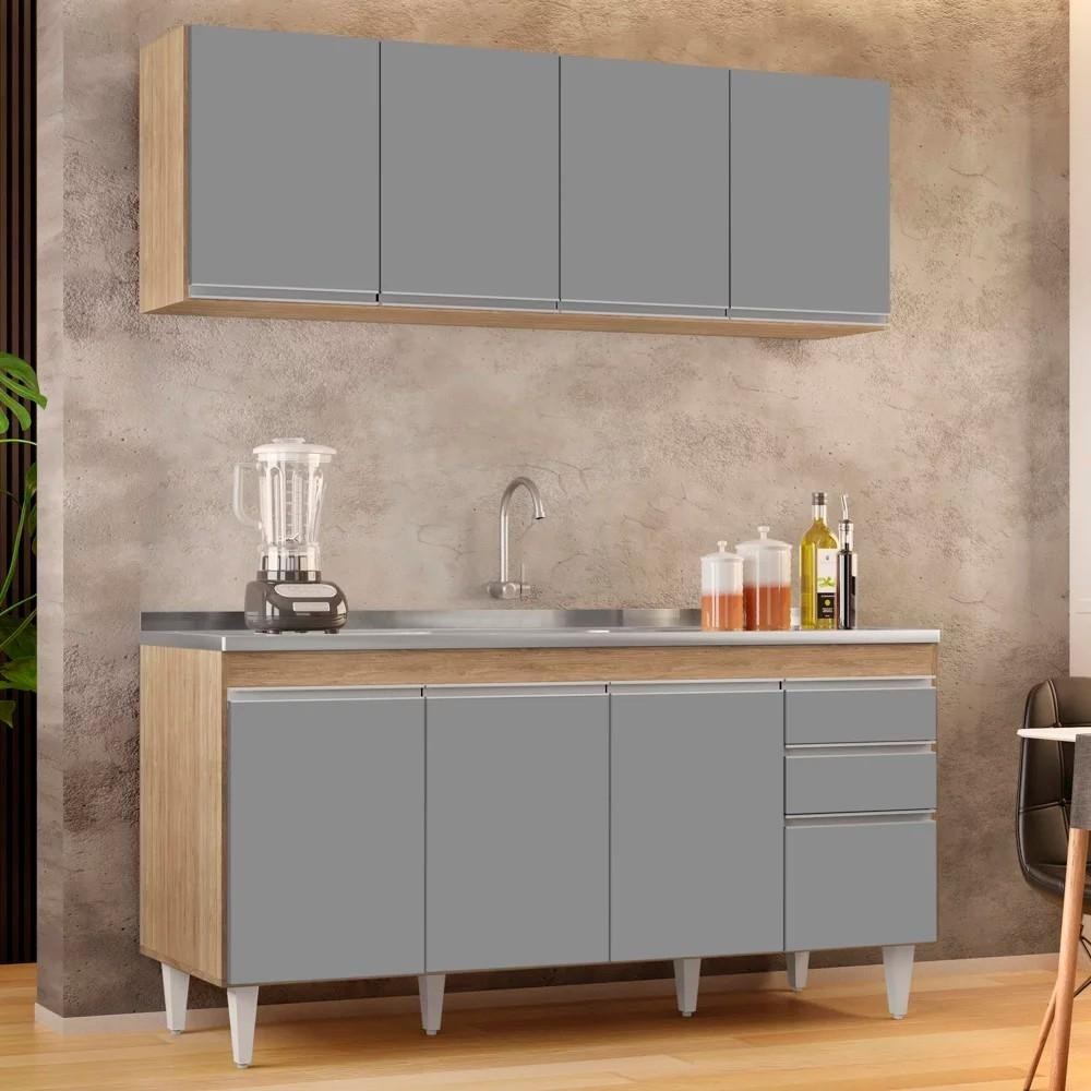 Armário Aéreo Nevada e Balcão Gabinete com Pia 160cm Arkansas Castanho/Cinza - Lumil em Oferta na Shopee