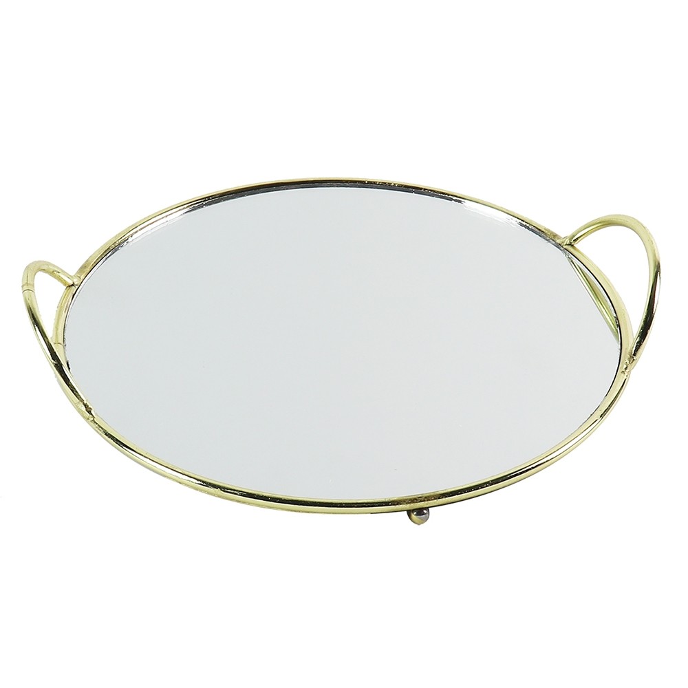 BANDEJA DE ESPELHO COM DETALHES DE METAL DOURADO D25 X 4CM
