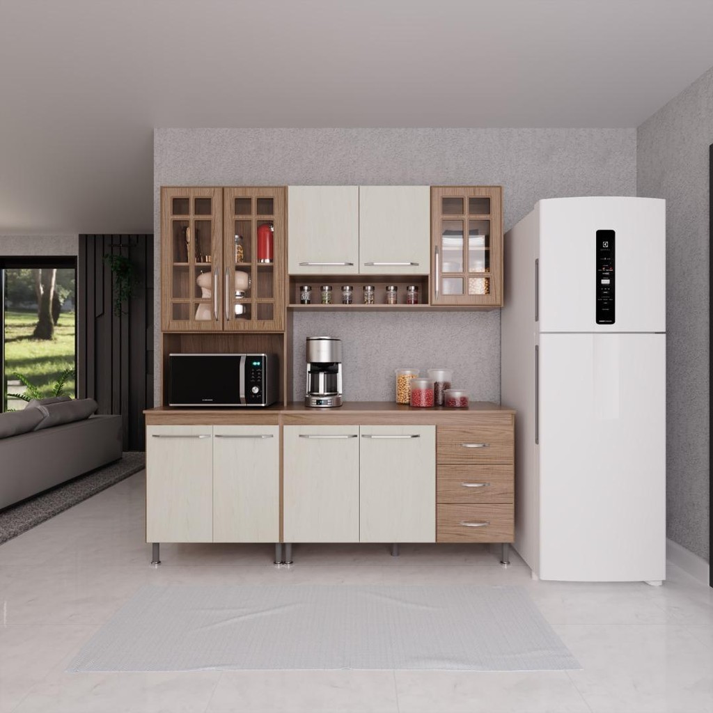 Cozinha Modulada Compacta Fidelitá Paris 3 Peças 190cm 9 Portas 3 Gavetas Com Tampo Nogal/Salinas - Home & Living