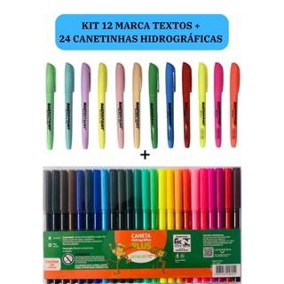 Kit 12 Marca Texto (6 Neon + 6 pastel) Masterprint  +  Caneta Hidrográfica 24 Cores Canetinha  Leo e Leo em Oferta na Shopee