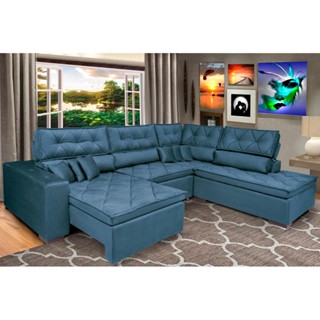 Sofa de Canto Retrátil e Reclinável com Molas Cama inBox Platinum 3,40x2,36 Tecido Suede Azul em Oferta na Shopee