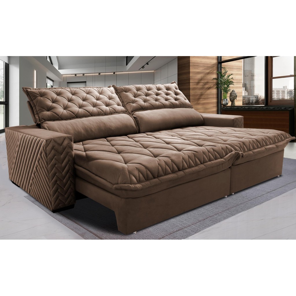 Sofá Retrátil e Reclinável 2,55m Molas Ensacadas Cama inBox Spazus com Bordado 3D Velusoft Castor - Home & Living