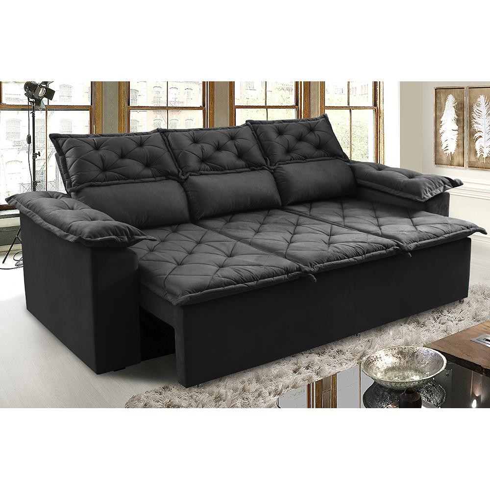 Sofá 3 Lugares Retrátil e Reclinável Cama inBox Compact 2,00m Velusoft Preto - Home & Living