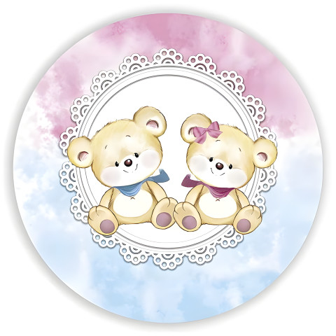 NOVO Painel Festa Infantil Redondo Ursinhos Chá Revelação, Lenço no pescoço rosa e azul + Arco, Suporte incluso. Fazemos personalizado com qualquer tema. Confeccionado em Lona fosca, impressão de alta resolução. cenário , p/ Decoração