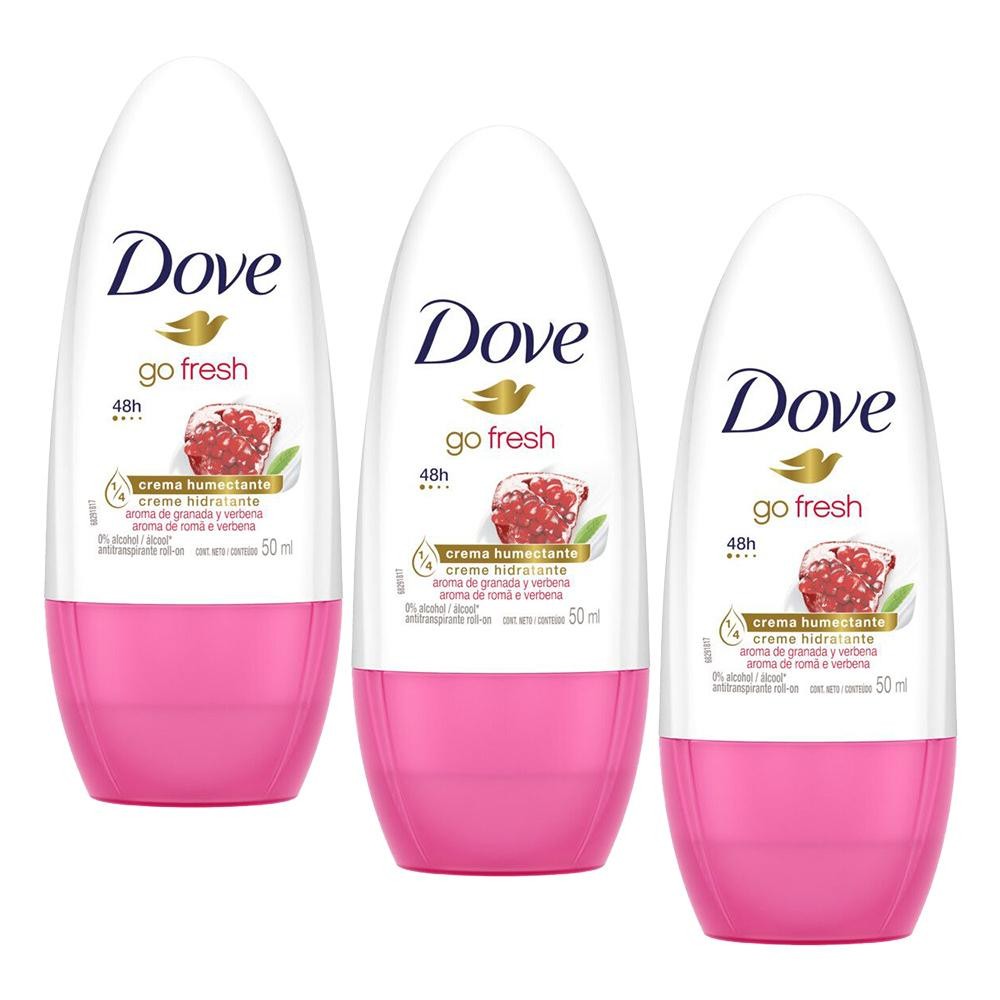 Kit 3 Desodorantes Antitranspirante Roll-On Dove Go Fresh Romã e Verbena 50ml em Oferta na Shopee