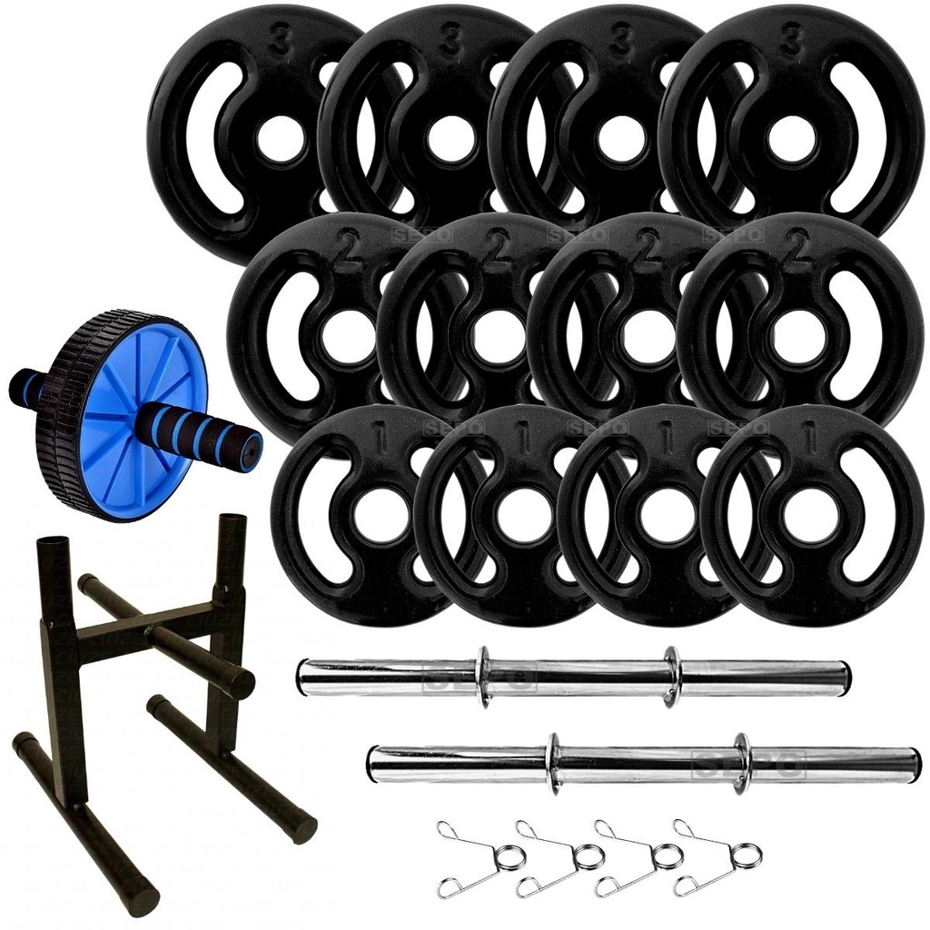 Kit 24Kg Anilhas Emborrachadas Pretas + Barras 40cm + Roda Abdominal + Suporte Junior