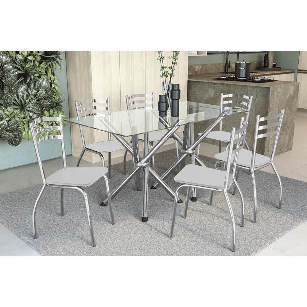 Sala de Jantar Completa Volga c/ Tampo Vidro 150cm + 6 Cadeiras Portugal Cromado/Courano Branco - Kappesberg em Oferta na Shopee