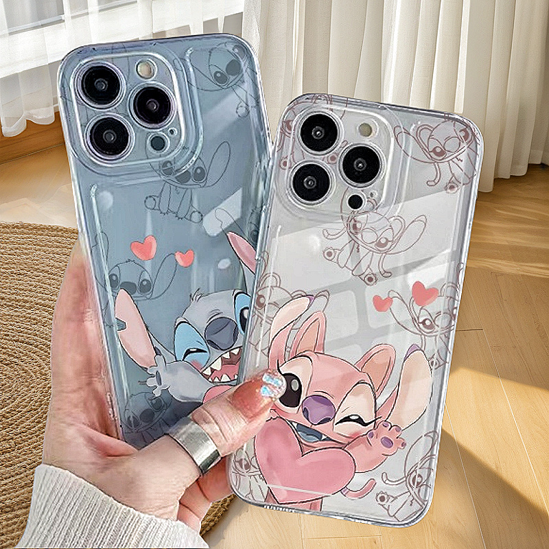 Capa de telefone adequada para iPhone 11 12 13 14 15 16 Pro Max Plus X XR XS 7 8 Transparente Cute Stitch Casal TPU Gel Almofada de ar Borda Capa protetora à prova de choque