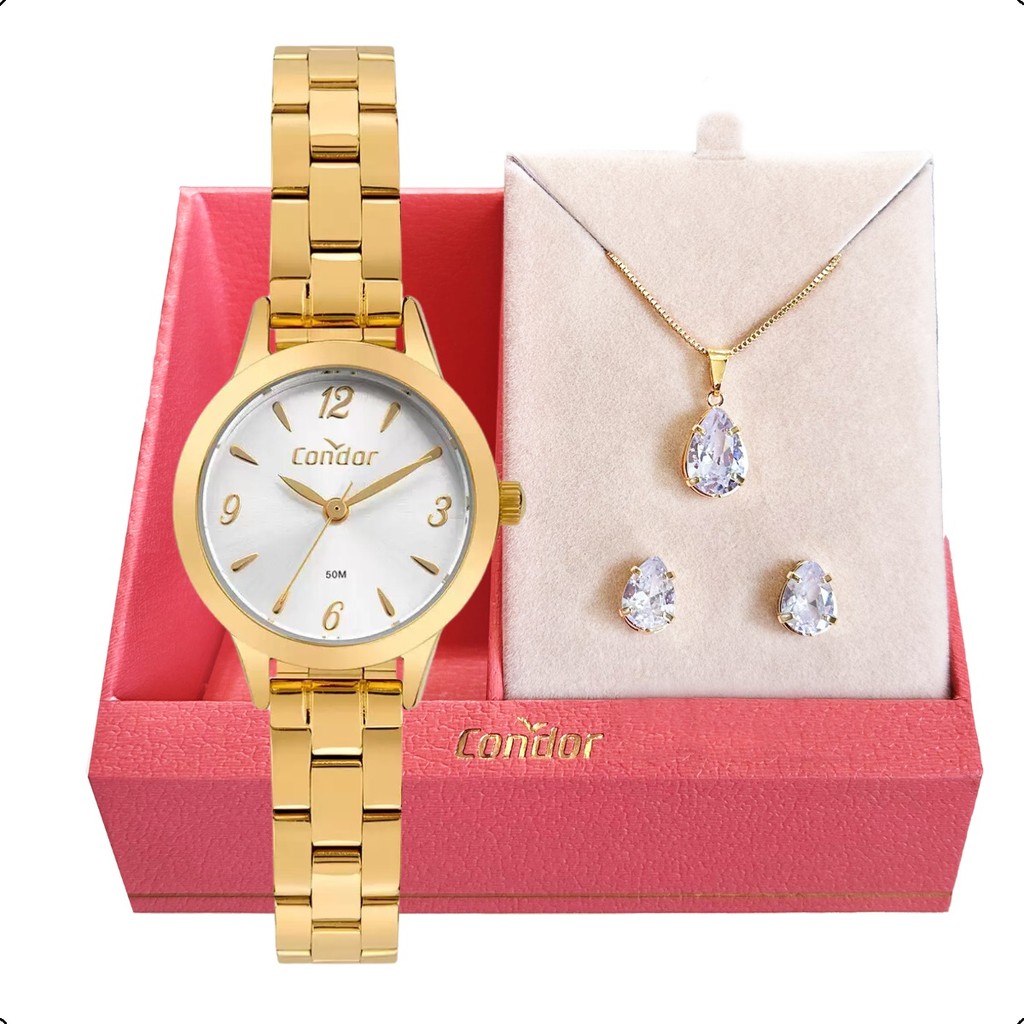 Imagem Relógio de Pulso Feminino Pequeno Condor Dourado CO2035MZQK4K Colar e Brincos