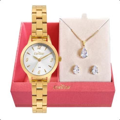 Relógio de Pulso Feminino Pequeno Condor Dourado CO2035MZQK4K Original + Conjunto Colar E Brinco