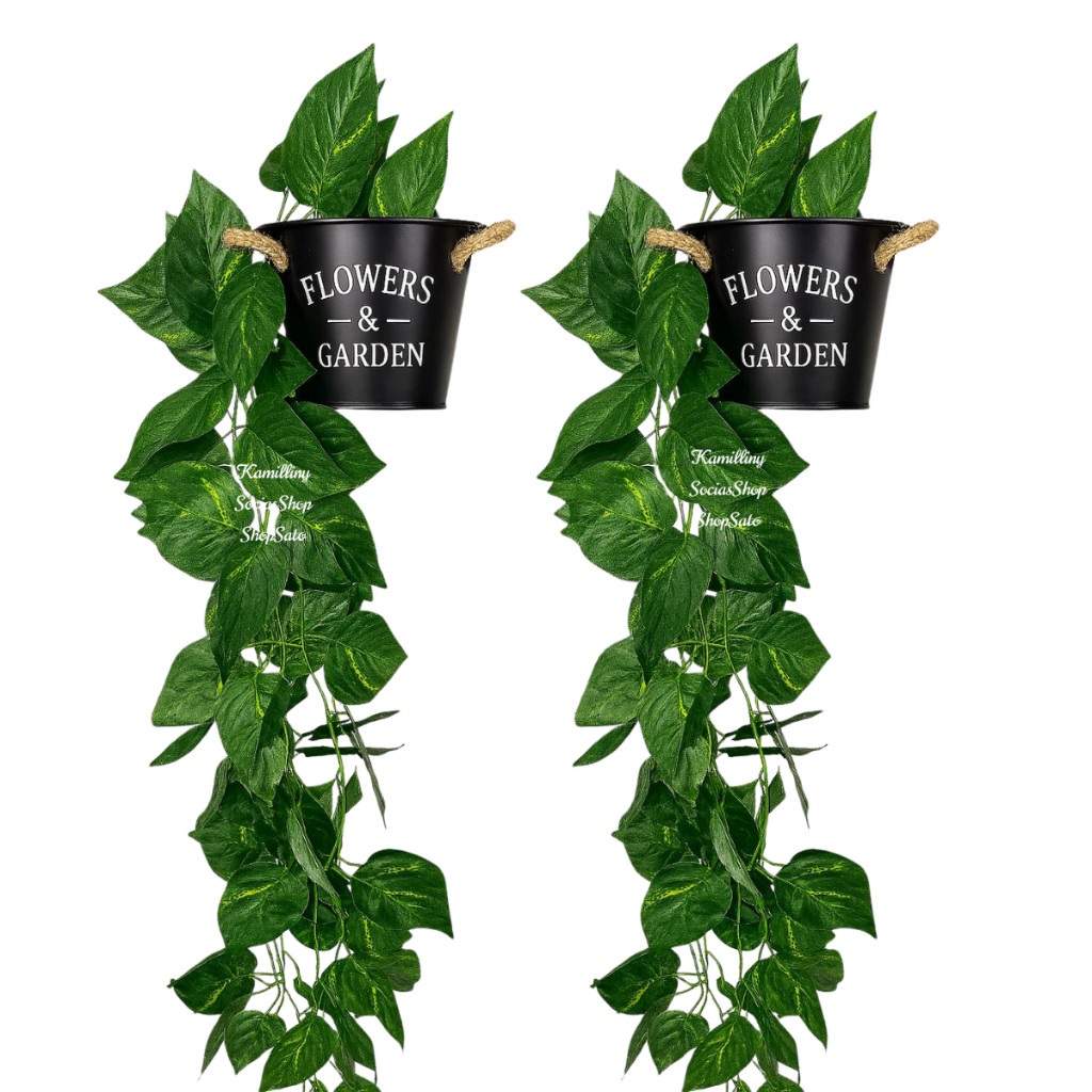 Kit 3 Plantas Pendente Artificial + Vaso Decorativo Corda Preto – Hera Folhagem Verde para Sala Quarto Varanda Decoração