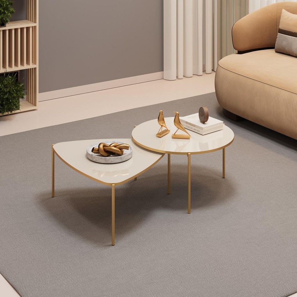 Conjunto Mesas de Centro com Tampo Triangular e Redondo e Pés Metálicos DJ Móveis Lina e Cleia Off White em Oferta na Shopee