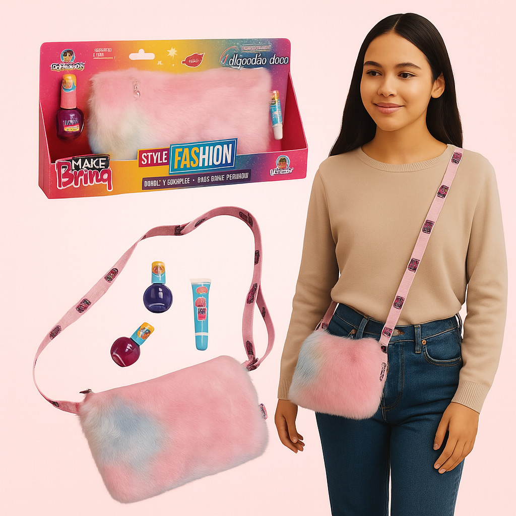 Bolsa Infantil Maquiagem Colorida Menina Alça Gloss Esmalte Unha Pelucia