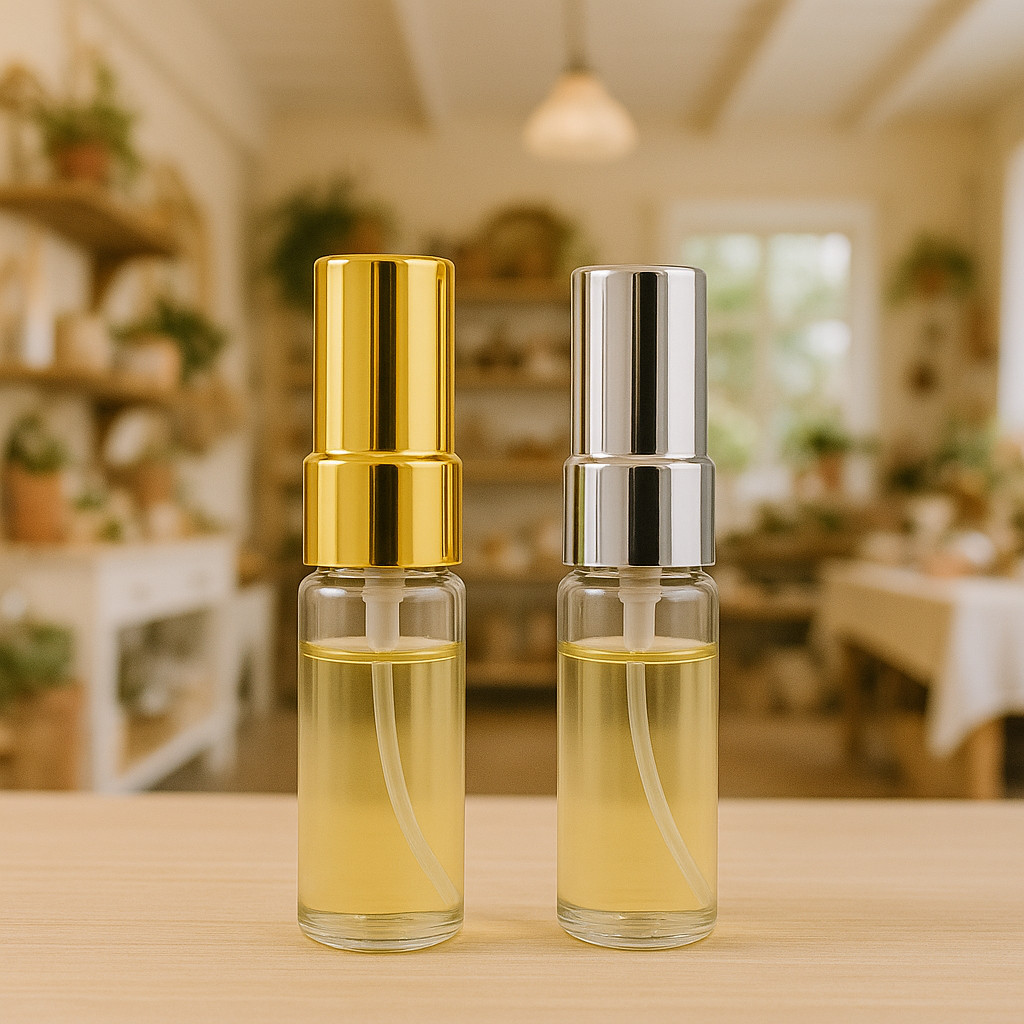 Frasco 20ml com Válvula Spray Cromada – Dourado ou Prata | Ideal para Perfumes, Álcool e Aromas