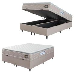 Cama Box Baú Casal Queen Colchão Espuma D33 Pillow Top Millenium 158x198x60cm Suede Bege/branco