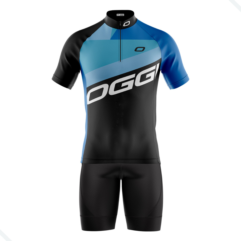 CONJUNTO CICLISMO MASCULUNO BERMUDA E CAMISA OGGI AZUL COM BOLSOS UV 50+