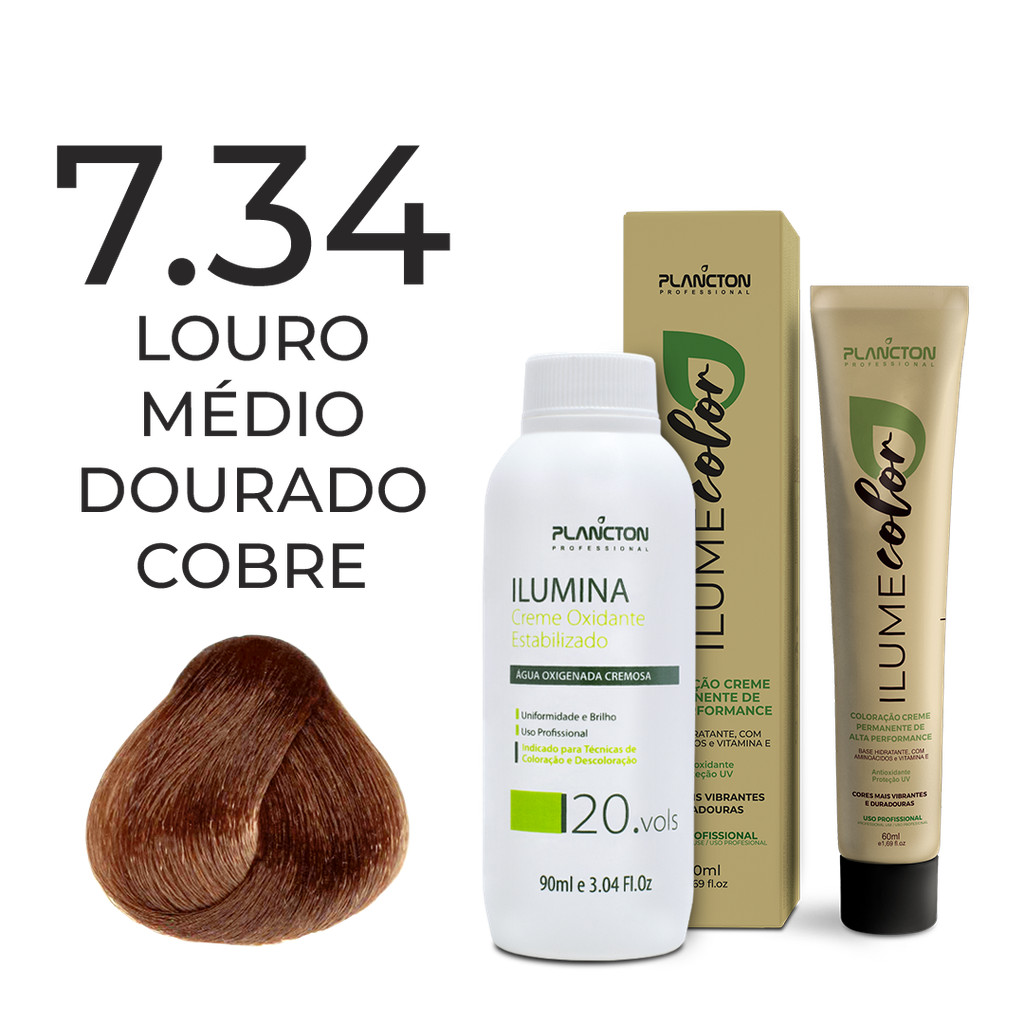 KIT ILUME COLOR PLANCTON - 7.34 LOURO MÉDIO DOURADO COBRE + OX ILUMINA 20V